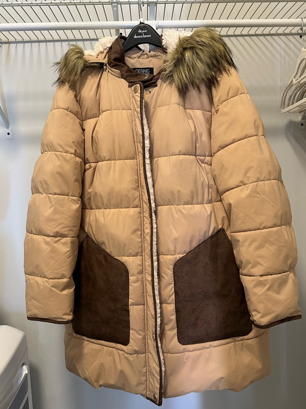 dennis basso Beige Puffer Coat with Brown Pocket Panels and Faux Fur Hood